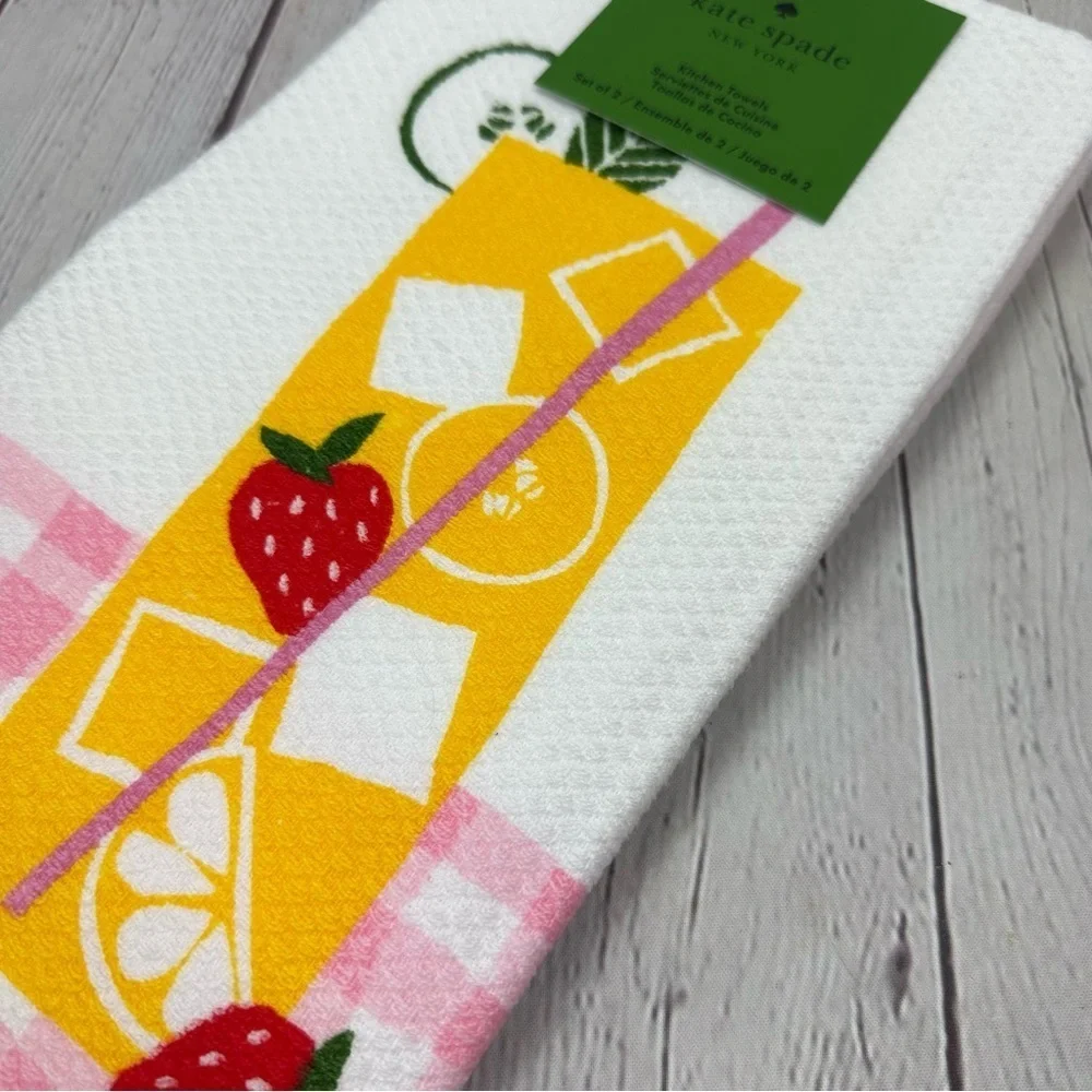 NWT Kate Spade Pink White Gingham Kitchen dish Towel strawberry lemonade